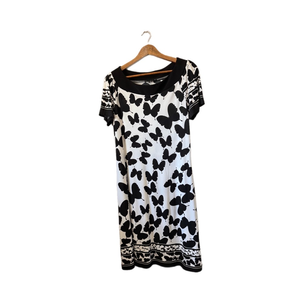 Tiana B Butterfly Print Dress Womens Large Black White Excellent Short Sleeve